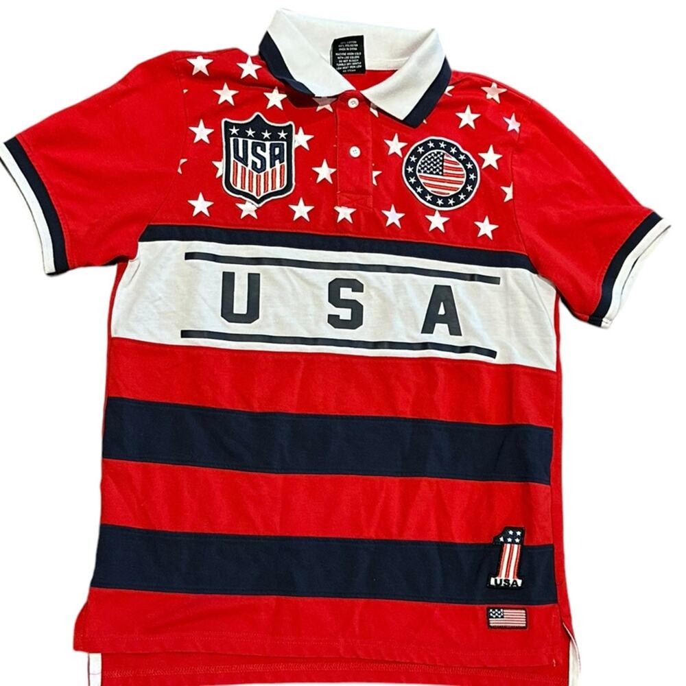 Krisp Mens Small Short Sleeve Red Polo with Patriotic Patches